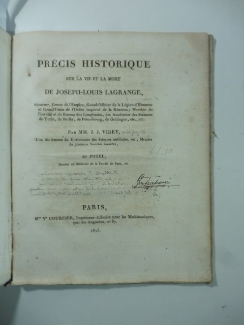 Precis historique sul la vie et la mort de Joseph - Louis Lagrange...Par MM. J. J. Virey...et Potel